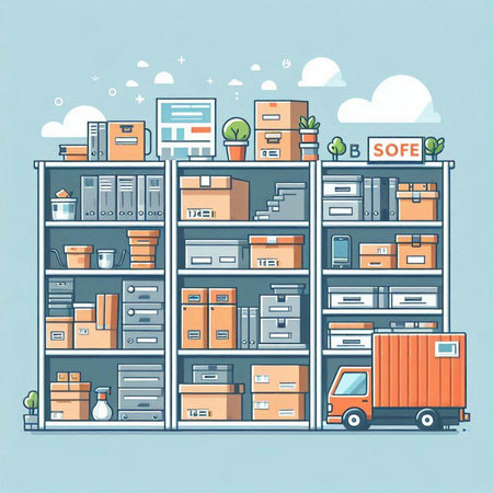 Warehouse shelves with boxes and goods. Vector illustration in flat styleのイラスト素材