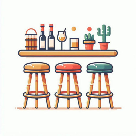 Bar counter with bar stools and cactuses. Vector illustrationのイラスト素材
