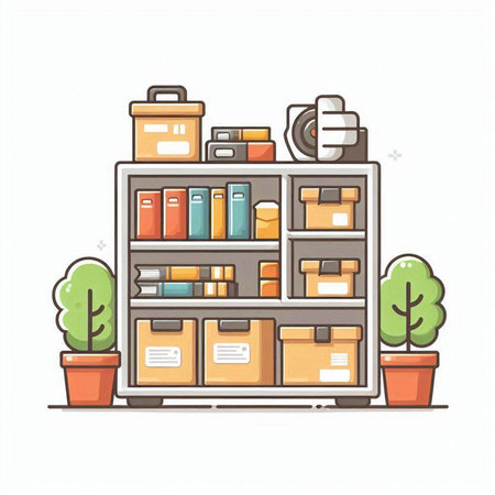 Bookshelf with books and other things. Vector illustration in flat styleのイラスト素材