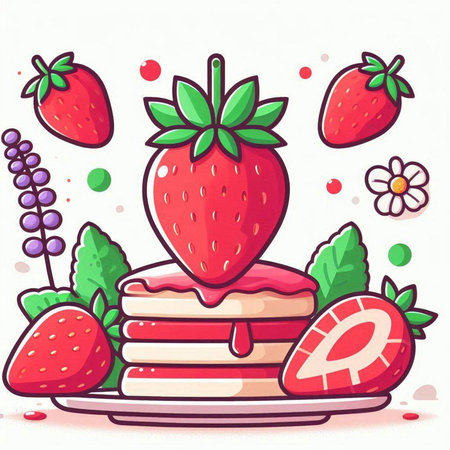 Strawberry cake with mint leaves and strawberries. Vector illustration.のイラスト素材