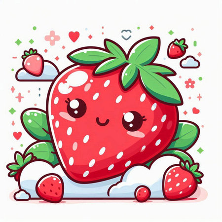 Cute cartoon strawberry character with hearts and clouds on white background. Vector illustration.のイラスト素材
