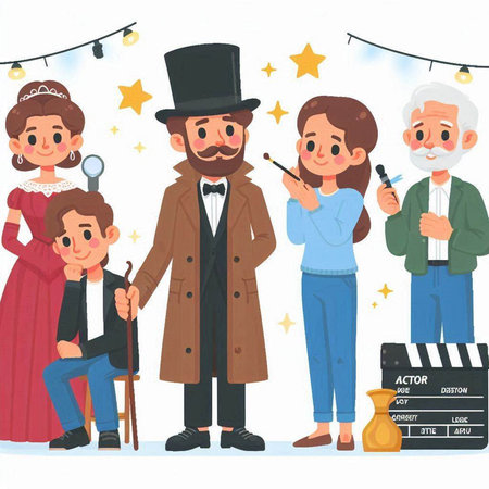 Vector cartoon illustration of a family in costumes. A man with a mustache, a woman with long hair, a man with a beard and a mustache, a man with a mustache.のイラスト素材