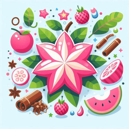 Cinnamon sticks, star anise, fruits and leaves. Vector illustrationのイラスト素材