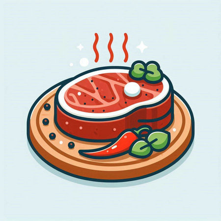 Steak on a wooden board. Vector illustration in cartoon style.のイラスト素材