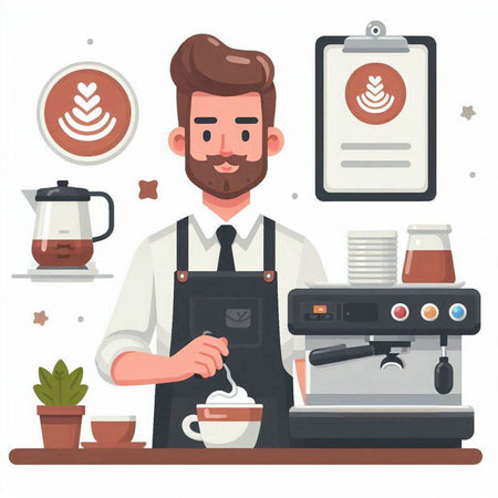 Coffee shop, barista with coffee machine. Vector illustrationのイラスト素材