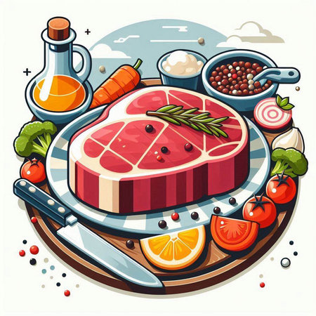 Steak with ingredients for cooking. Vector illustration in cartoon style.のイラスト素材