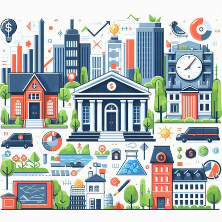 City landscape with different buildings and icons. Vector illustration in flat styleのイラスト素材