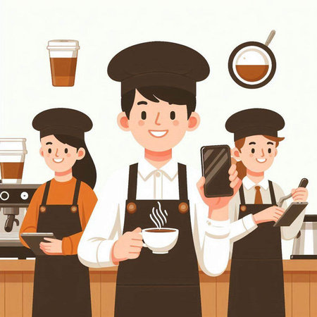 Coffee shop staff with coffee cup and mobile phone vector illustration.のイラスト素材