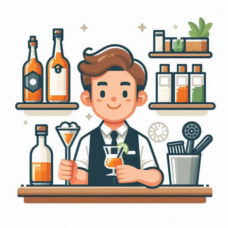 Bartender in bar. Vector illustration in flat cartoon style.のイラスト素材