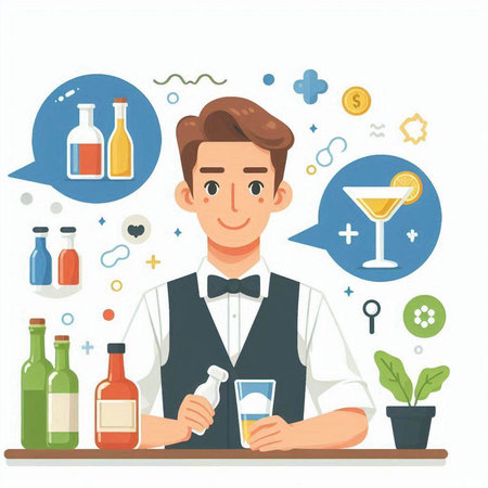 Bartender with alcohol drinks. Vector illustration in flat style.のイラスト素材