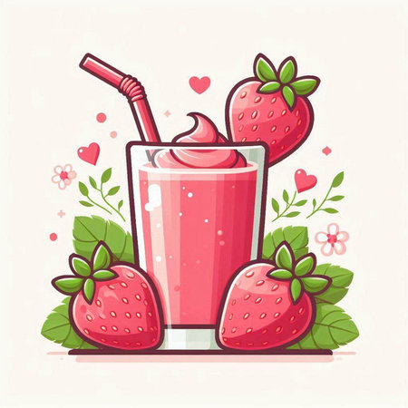 Strawberry milkshake with fresh berries. Vector illustration.のイラスト素材