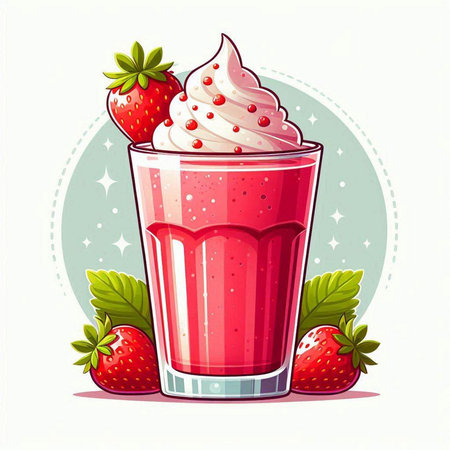 Strawberry milkshake with whipped cream and fresh berries. Vector illustration.のイラスト素材