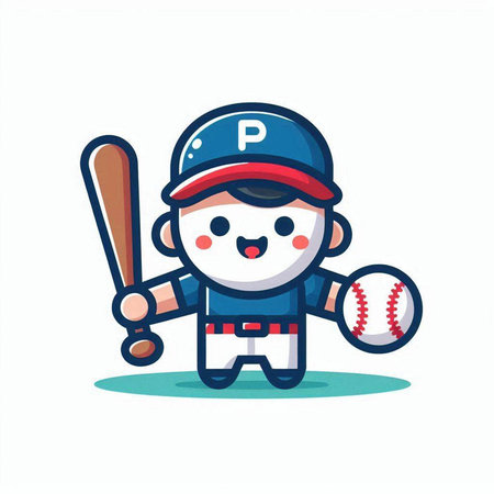 Baseball Player Cartoon Mascot Character Flat Design Vector Illustrationのイラスト素材