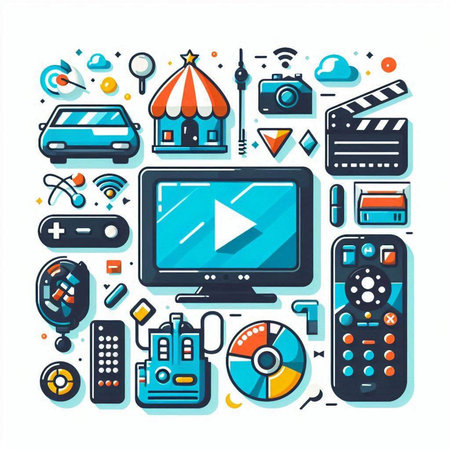 Vector illustration of multimedia flat line icons set. Computer, tv, video camera, movie, cinema, car, ticket, video player, ticket, headphones, remote control, remote control, monitorのイラスト素材