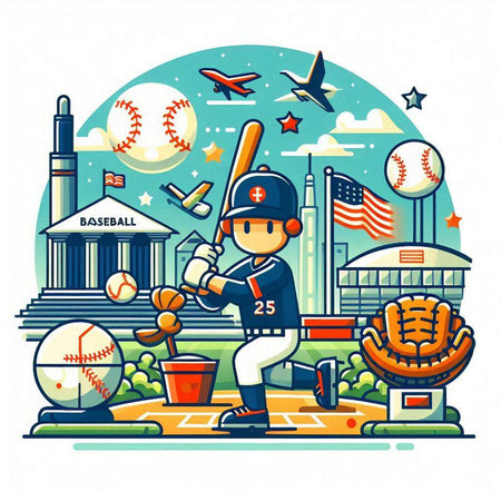 Baseball player in uniform with ball, bat and glove. Vector illustrationのイラスト素材