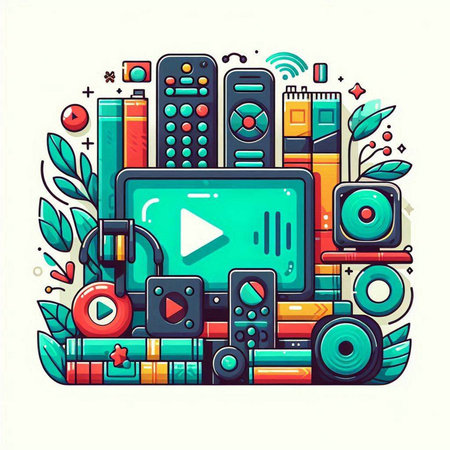 Multimedia and entertainment concept. Vector illustration in doodle styleのイラスト素材