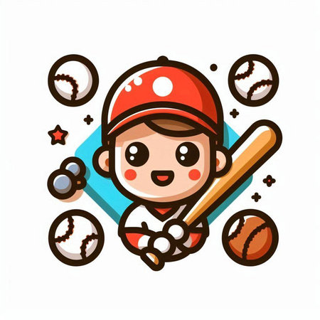 Baseball player cartoon character with ball and bat, vector illustration.のイラスト素材
