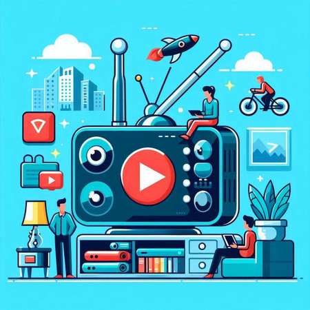 Vector illustration of media player in flat style with icons, people and gadgetsのイラスト素材