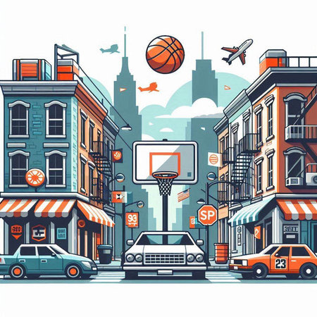 City street with buildings, cars and basketball ball. Vector illustration.のイラスト素材