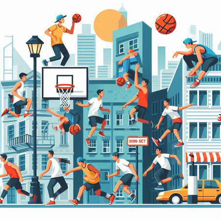 Street basketball and streetball flat color vector illustration. Streetball players in action.のイラスト素材