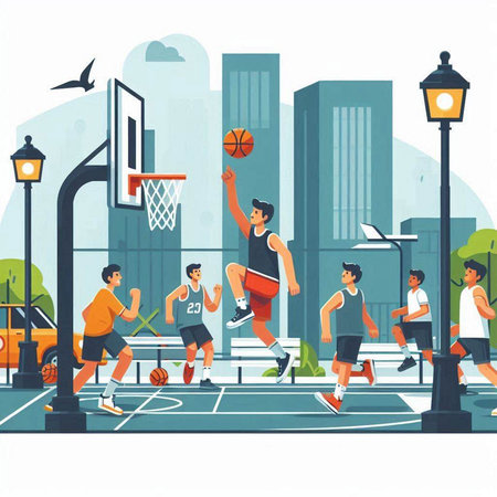 Basketball players playing basketball on street. Vector illustration in cartoon styleのイラスト素材