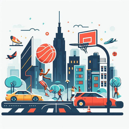 City street with basketball, people and cars. Vector illustration in flat styleのイラスト素材