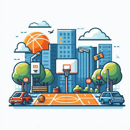 Basketball court. City landscape. Vector illustration in flat style.のイラスト素材