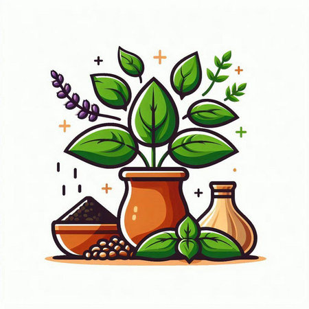 Illustration of green plant in a pot with herbs and spices.のイラスト素材