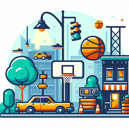 Vector illustration of city street with basketball, skateboard, car, street lamp, buildings, traffic lights.のイラスト素材
