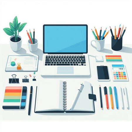 Workplace with laptop, notebook and stationery. Vector illustration.のイラスト素材