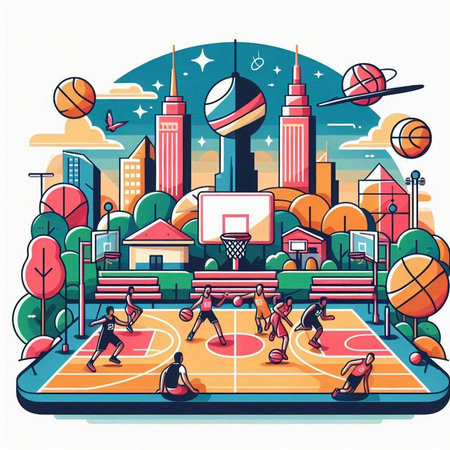Basketball court and people playing basketball. Vector illustration in cartoon styleのイラスト素材