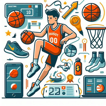 Basketball player and sport equipment. Vector illustration in cartoon style.のイラスト素材
