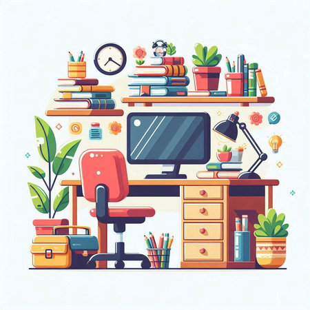 Office workplace with computer, books and stationery. Vector illustration in flat styleのイラスト素材