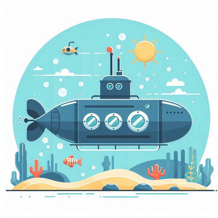 Submarine on the seashore. Flat style vector illustration.のイラスト素材