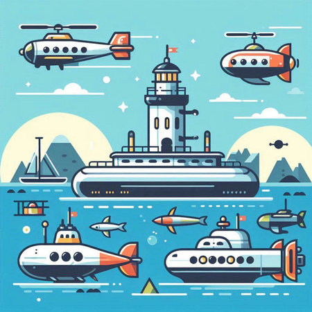 Vector set of sea transport icons in flat style. Vector illustration.のイラスト素材