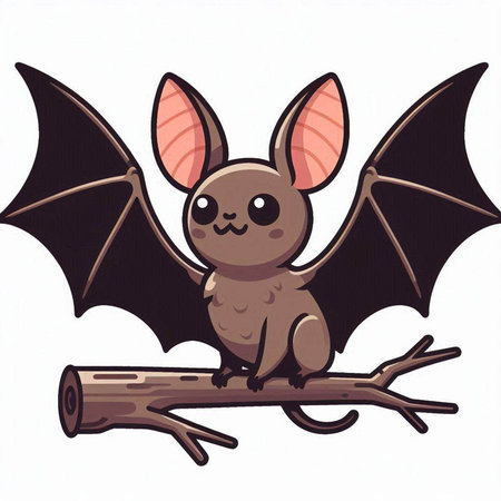 Cute cartoon bat sitting on a tree branch. Vector illustration.のイラスト素材