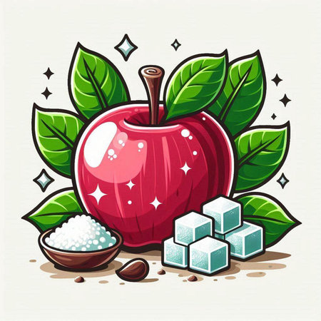 Illustration of a red apple, sugar cubes and green leaves.のイラスト素材