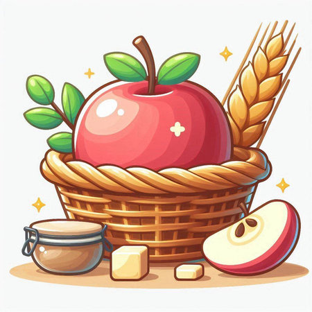 Illustration of a basket full of apples and some wheat and honeyのイラスト素材