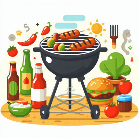 Barbecue grill with sausages and vegetables. Vector illustration.のイラスト素材