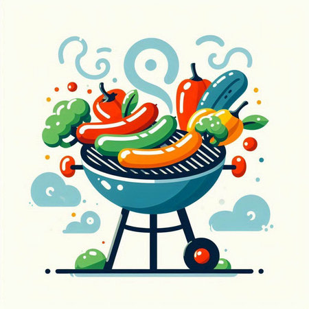 Vector illustration of BBQ grill with vegetables. Barbecue party. Vector illustration.のイラスト素材