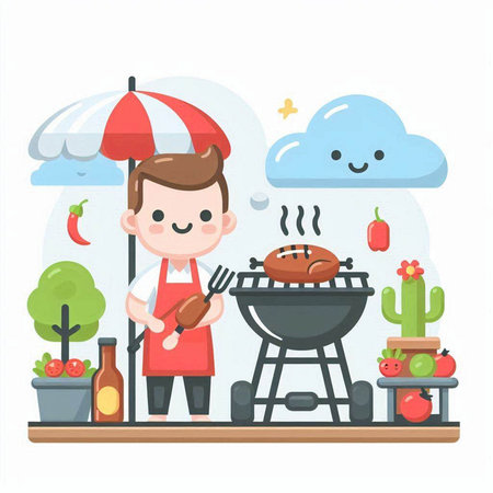 Cute boy cooking on the barbecue. Vector illustration in cartoon style.のイラスト素材