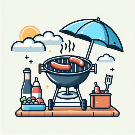 Barbecue grill with sausages and vegetables. Vector illustration.のイラスト素材