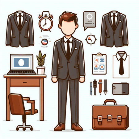 Businessman with set of icons. Vector illustration in cartoon style.のイラスト素材