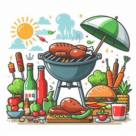 Barbecue party with grilled sausages and vegetables. Vector illustrationのイラスト素材