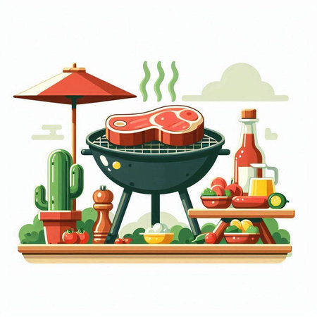Barbecue grill with meat, vegetables and other food. Vector illustration.のイラスト素材