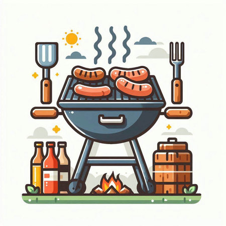 Barbecue grill with grilled sausages and beer. Vector illustration.のイラスト素材