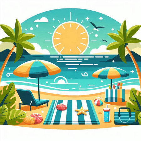 Beach with sun loungers and umbrellas. Vector illustrationのイラスト素材