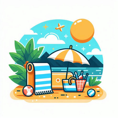 Summer vacation flat vector illustration. Holiday concept with beach accessories and sun.のイラスト素材