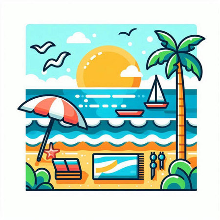 Tropical beach with palm trees, sun and sea. Flat vector illustrationのイラスト素材