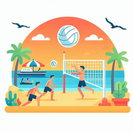 Volleyball game on the beach. Vector illustration in flat styleのイラスト素材